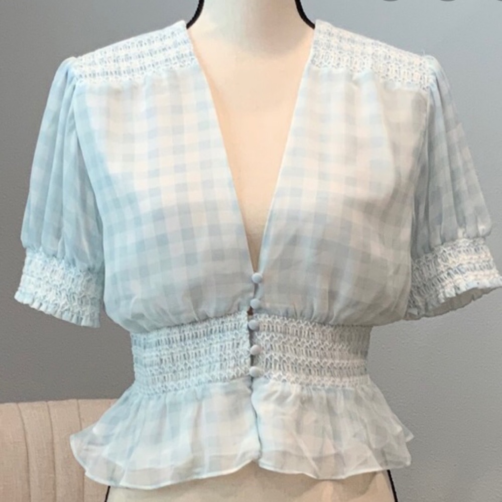 Wayf Pastel Blue White Plaid Princess Norah Smocked Waist Ruffle Blouse Crop Top